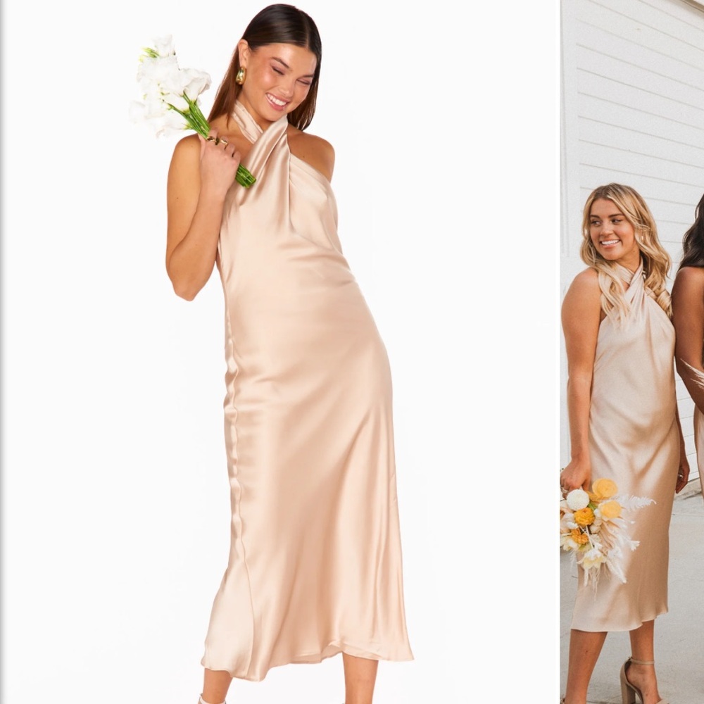 Showmeyourmumu jasmine halter dress midi- rose gold luxe satin